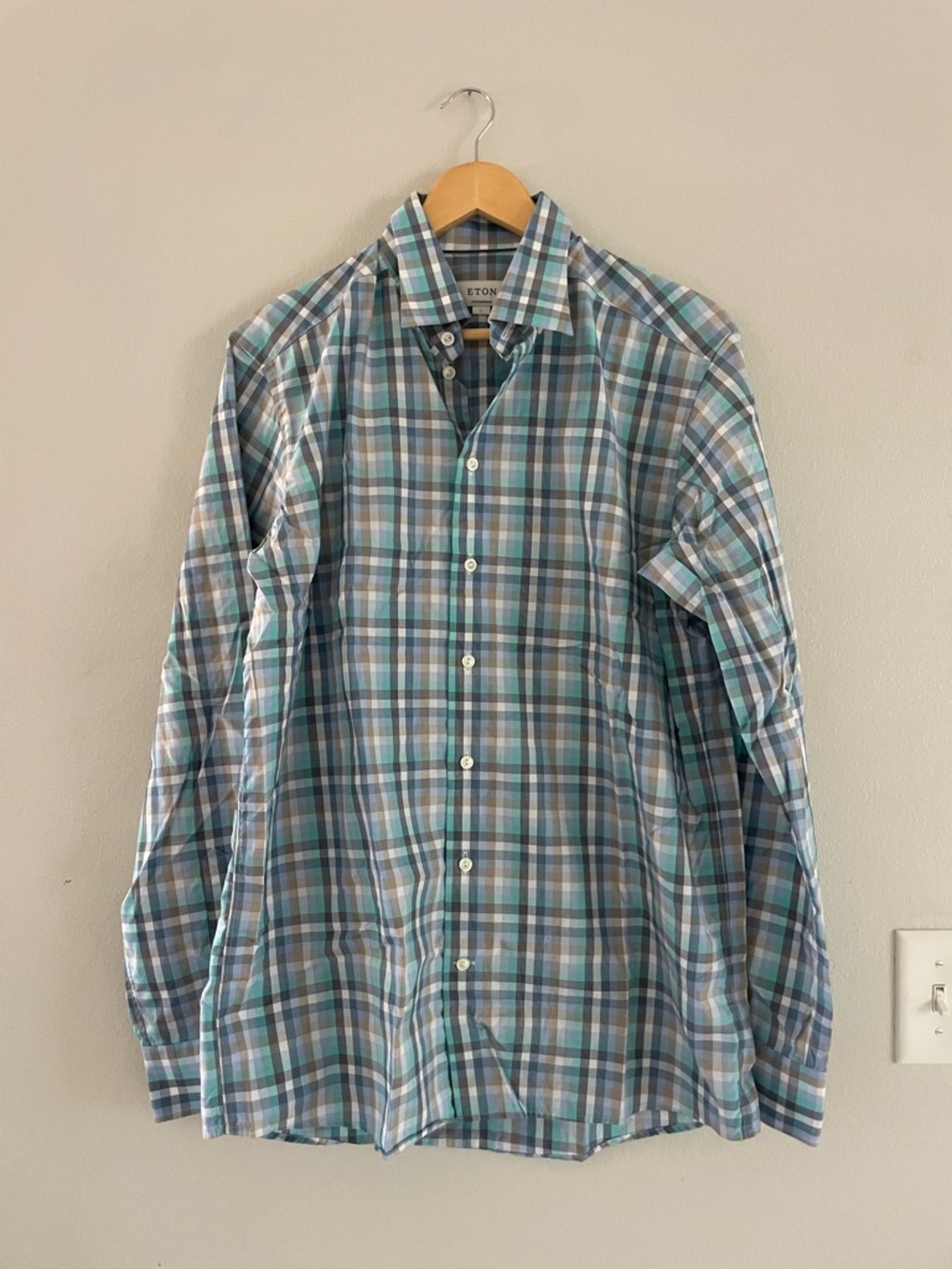 Mens Eton Blue and White Plaid Button Down Shirt
